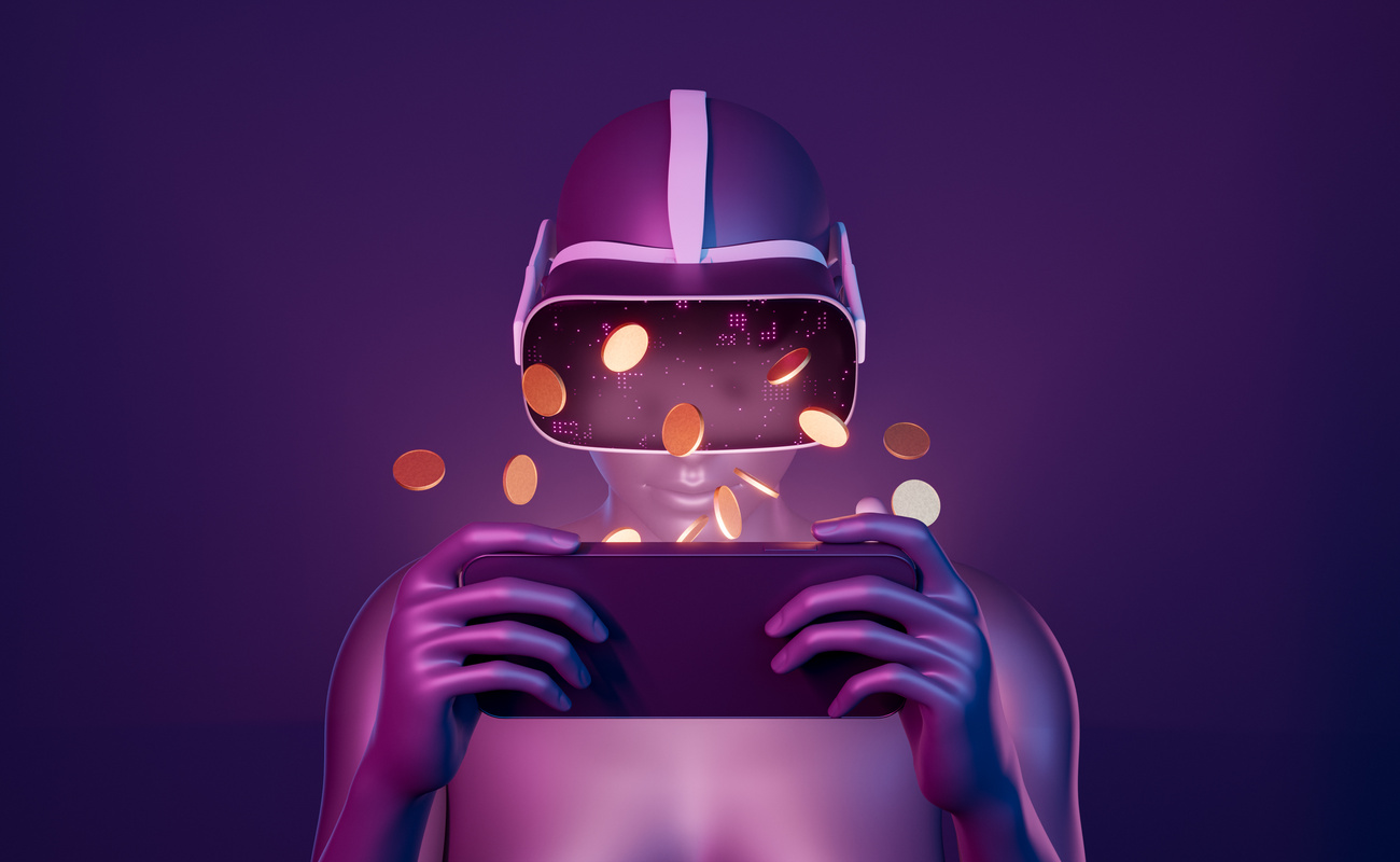 Closeup of a 3D Girl Playing with Mobile Phone with VR Goggles and Coins